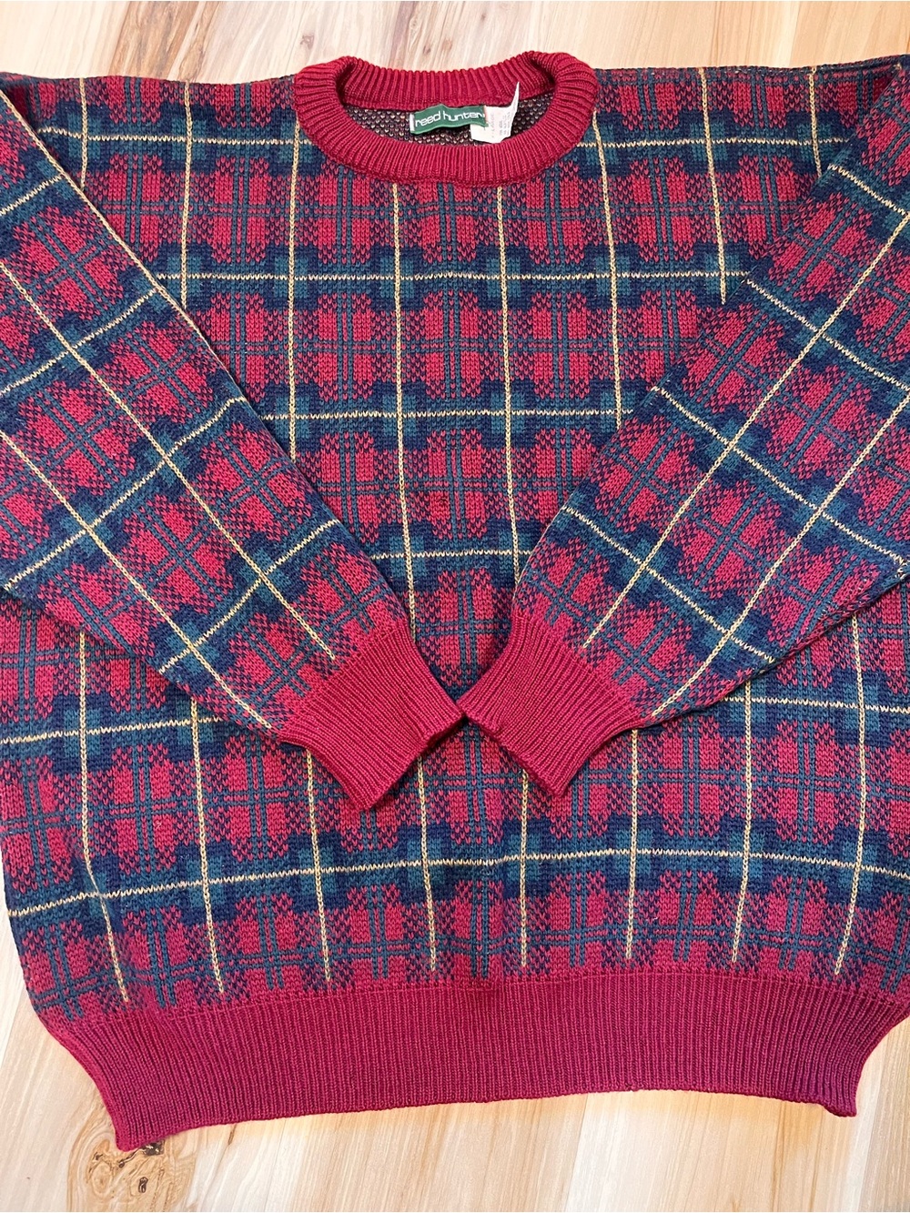 Vtg Reed Hunter Plaid Sweater XL Red Green Tartan Made In Russia Grandpa Core
